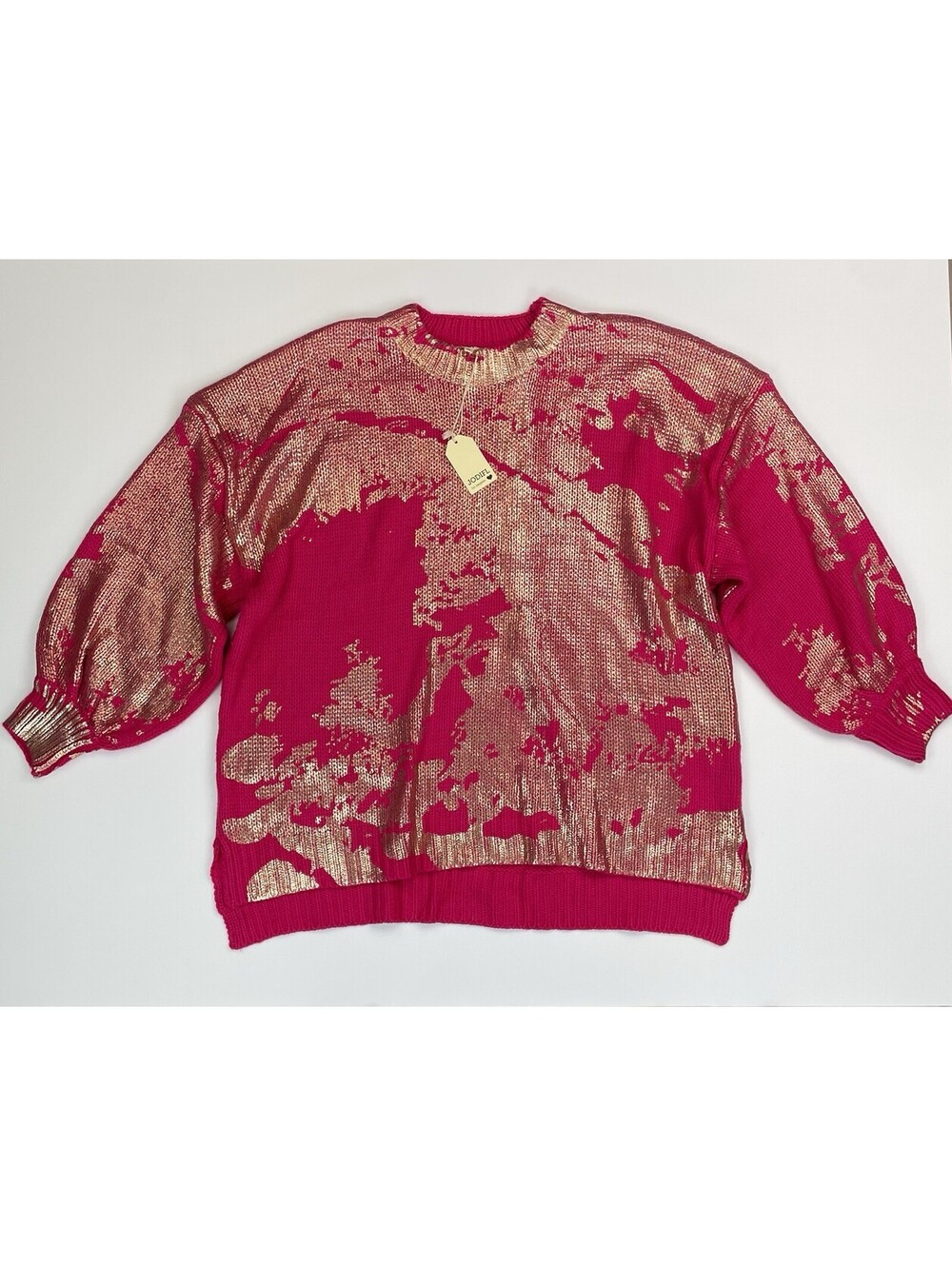 NWT Jodifl Hot Pink Metallic Gold Foil Sweater Oversized Distressed Knit Top S
